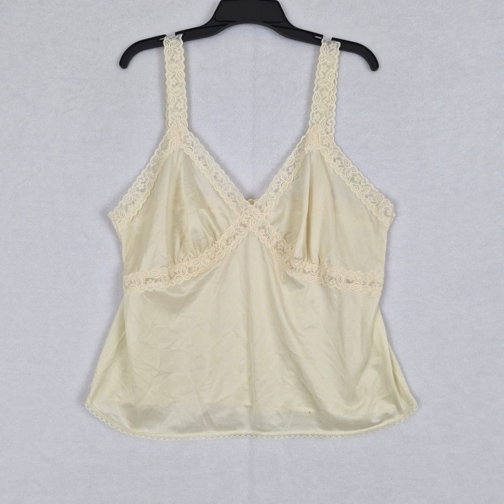 VTG Ivory Lace Trim Large Camisole Top V-Neck Sleeveless Cream Chemise Lingerie